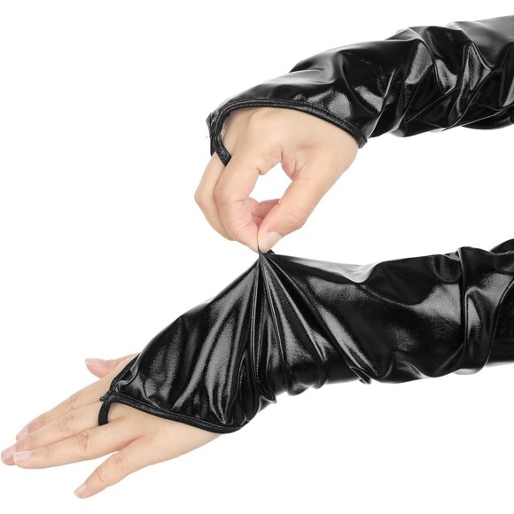 Women\'s Black Shimmer Metallic Shiny Full Finger Short Gloves Party Costume